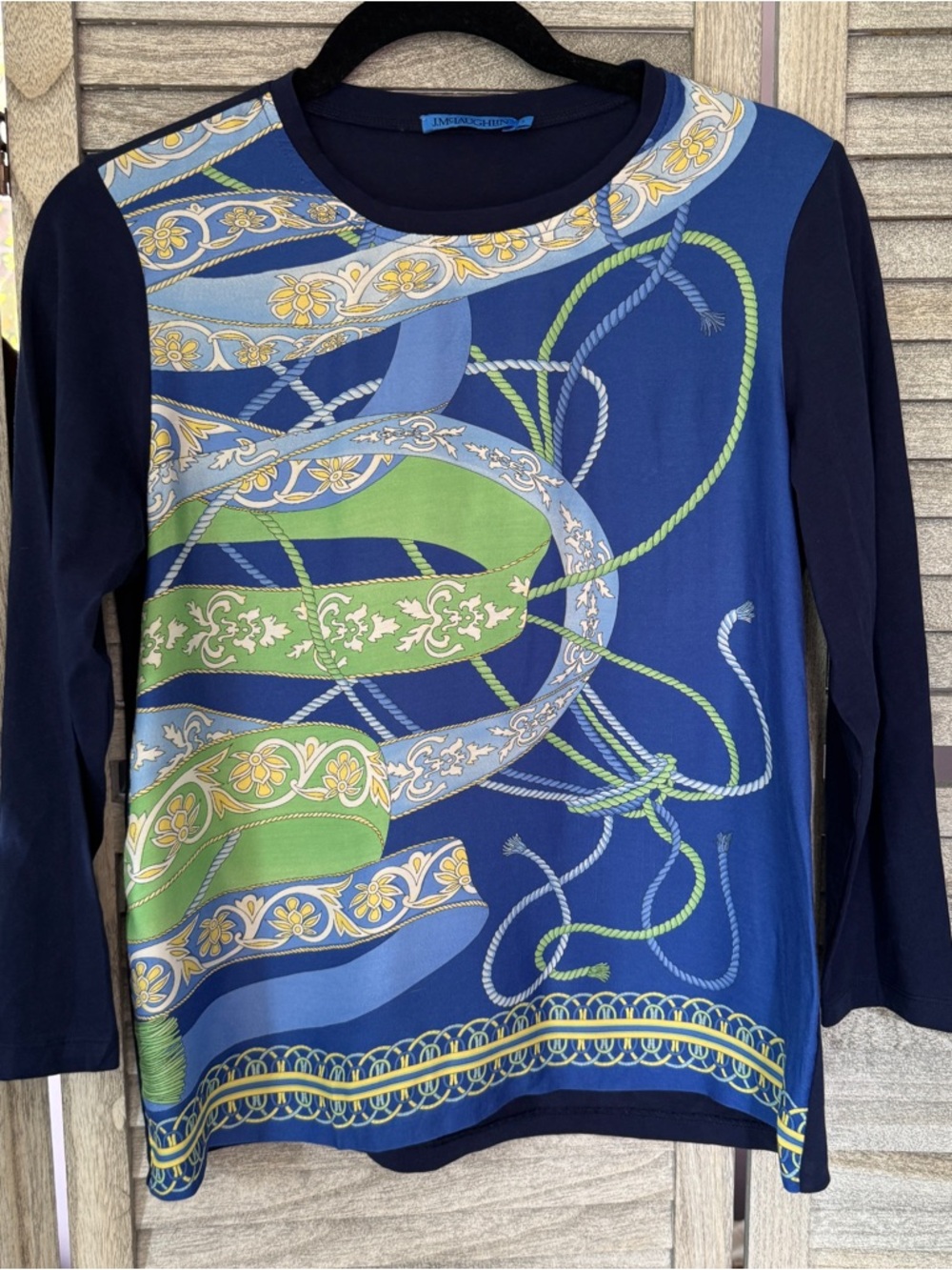J. McLaughlin Navy Equestrian Print Long Sleeve Top Size S